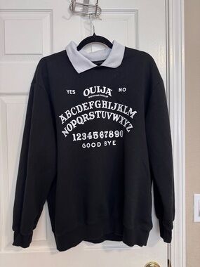 Women’s Black Ouija Graphic Crewneck Sweater with White Collar Size Large